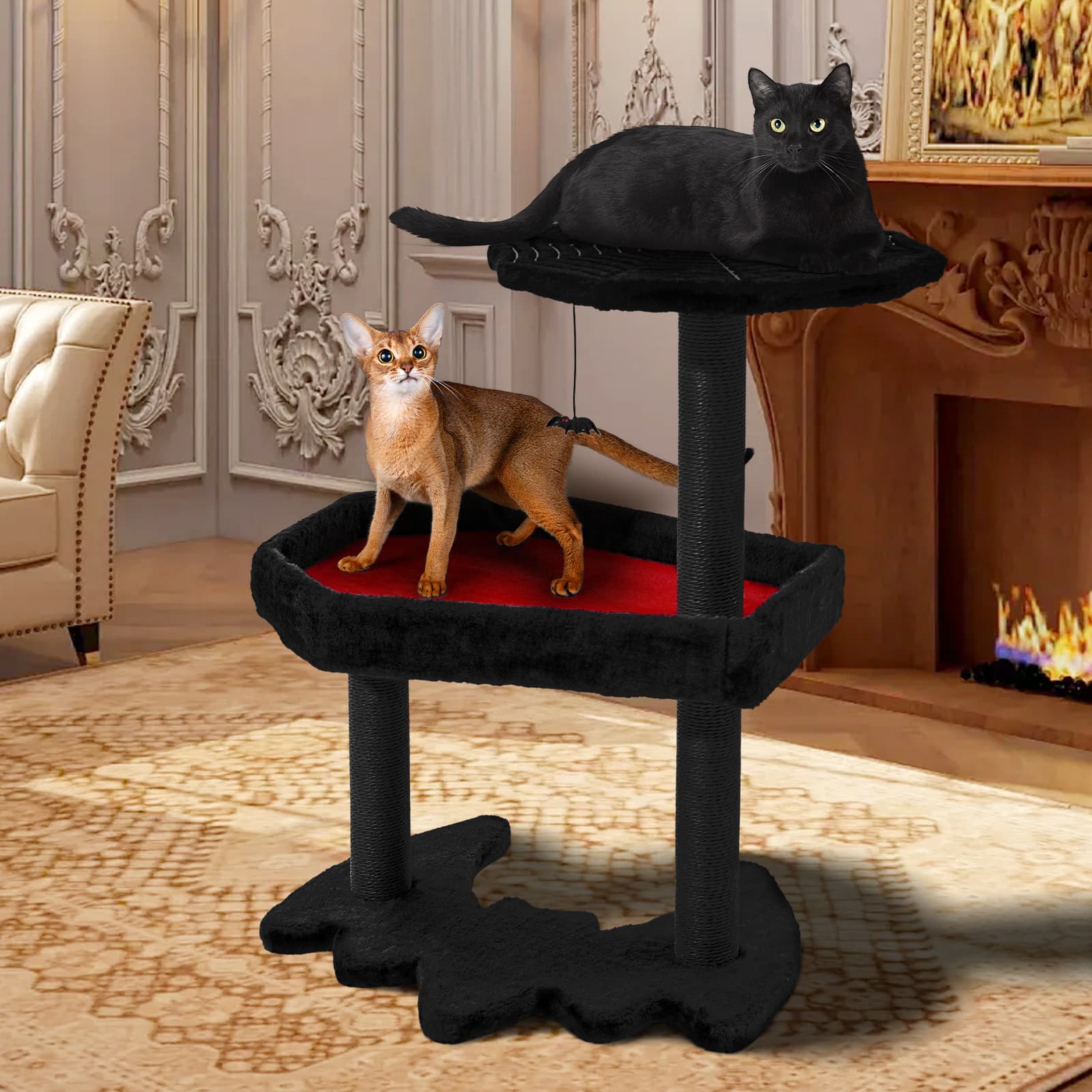 Black and red gothic cat tree styled in a living room