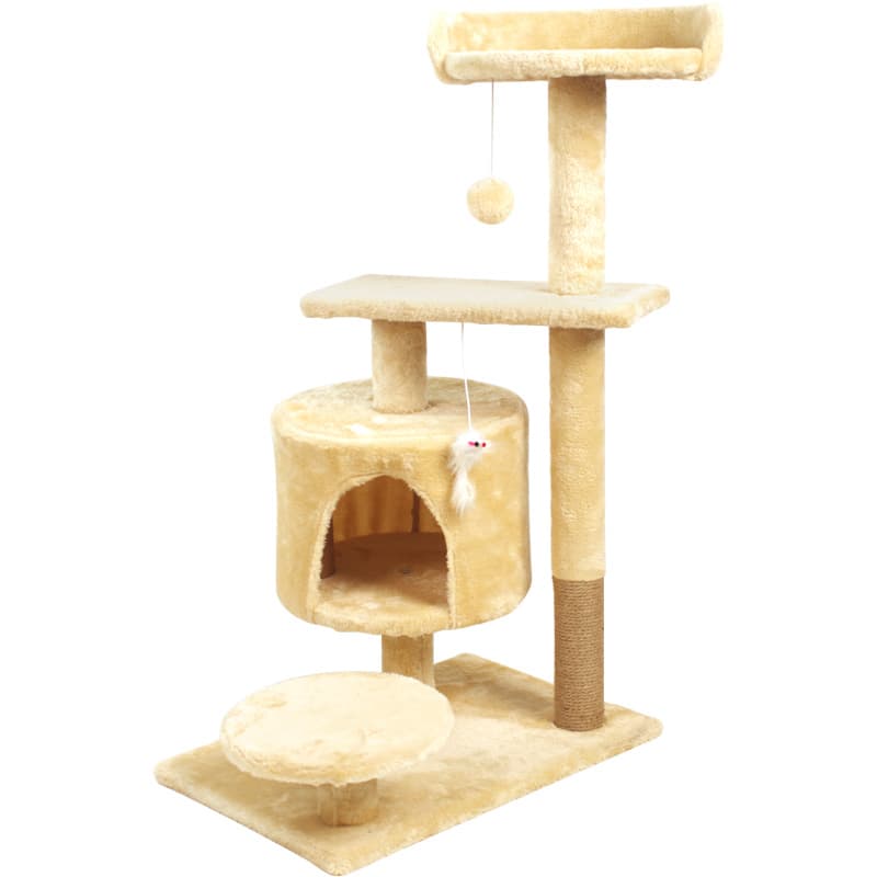 Beige compact cat tree with condo and perch