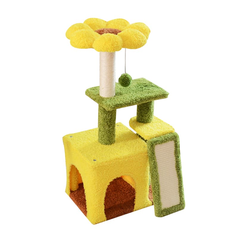 Yellow sunflower cat tree with green platform